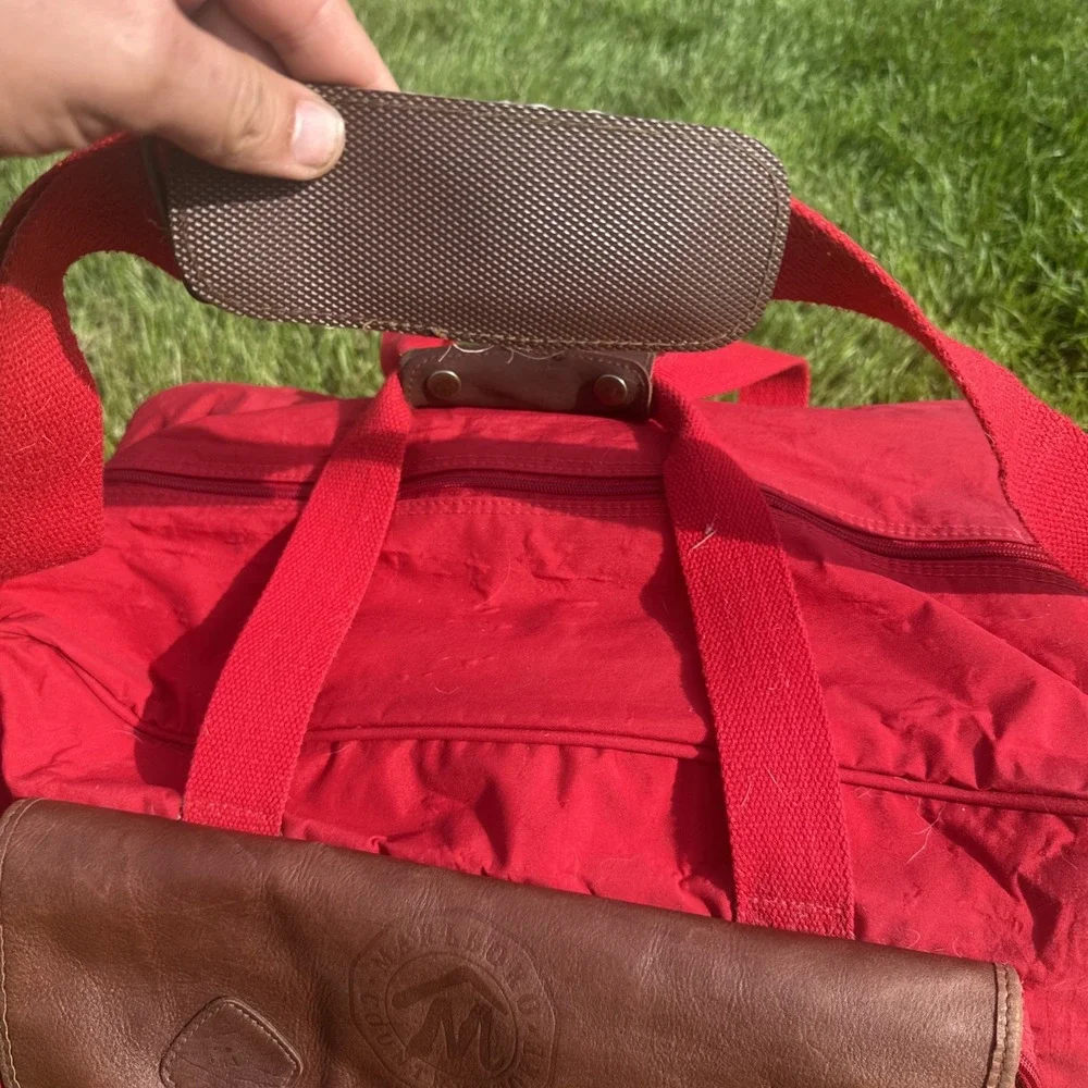 Vintage Marlboro Country Store Travel Duffle Bag Red Leather Straps Plaid Lined